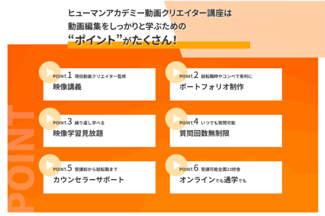 ヒューマンアカデミー 動画クリエイター講座の魅力(ヒューマンアカデミー HP)