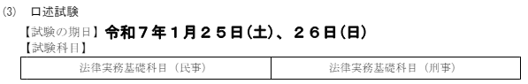 口述試験の時間割及び試験科目(法務省 令和6年司法試験予備試験 受験案内)