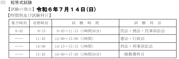 短答式試験の時間割及び試験科目(法務省 令和6年司法試験予備試験 受験案内)