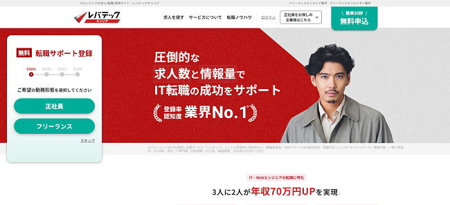 レバテックキャリア利用の流れ(新規会員登録が必要な場合)1】公式サイトの「無料申込」をクリック