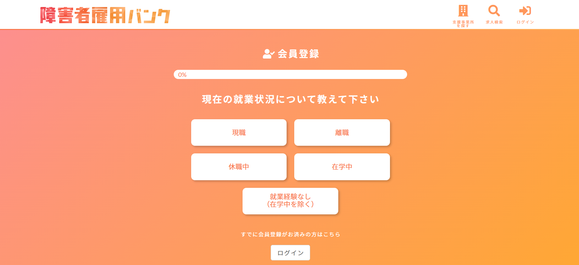 障害者雇用バンク利用の流れ(新規会員登録が必要な場合) 2】会員登録ページに移行し現在の就業状況を入力